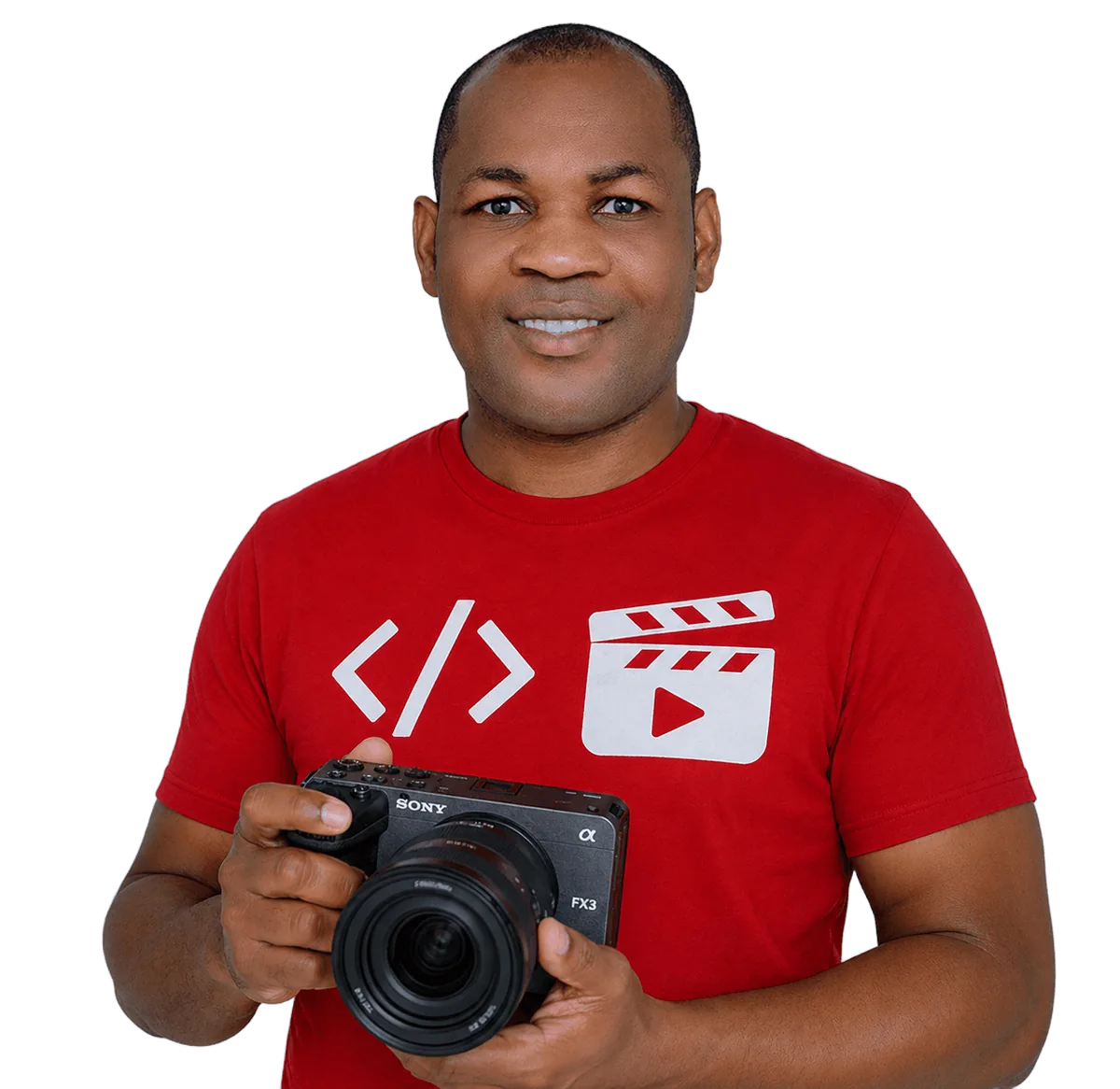 Alex Uzor in a red T-shirt holding a video camera